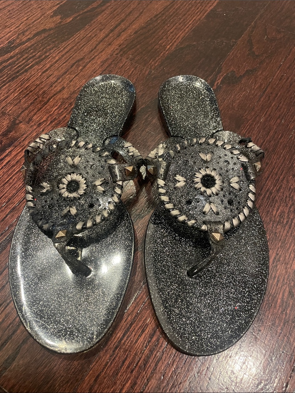 Jack Rogers Black Glitter Medallion Thong Sandals